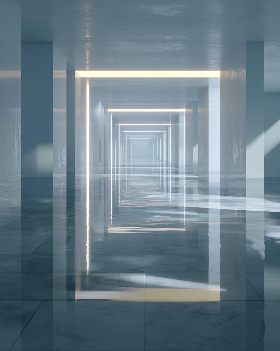 Ongoing monitoring service from Clean Contracts UK Repeating illuminated architectural modules representing the Clean Contracts UK ongoing monitoring of UK commercial cleaning contract performance.